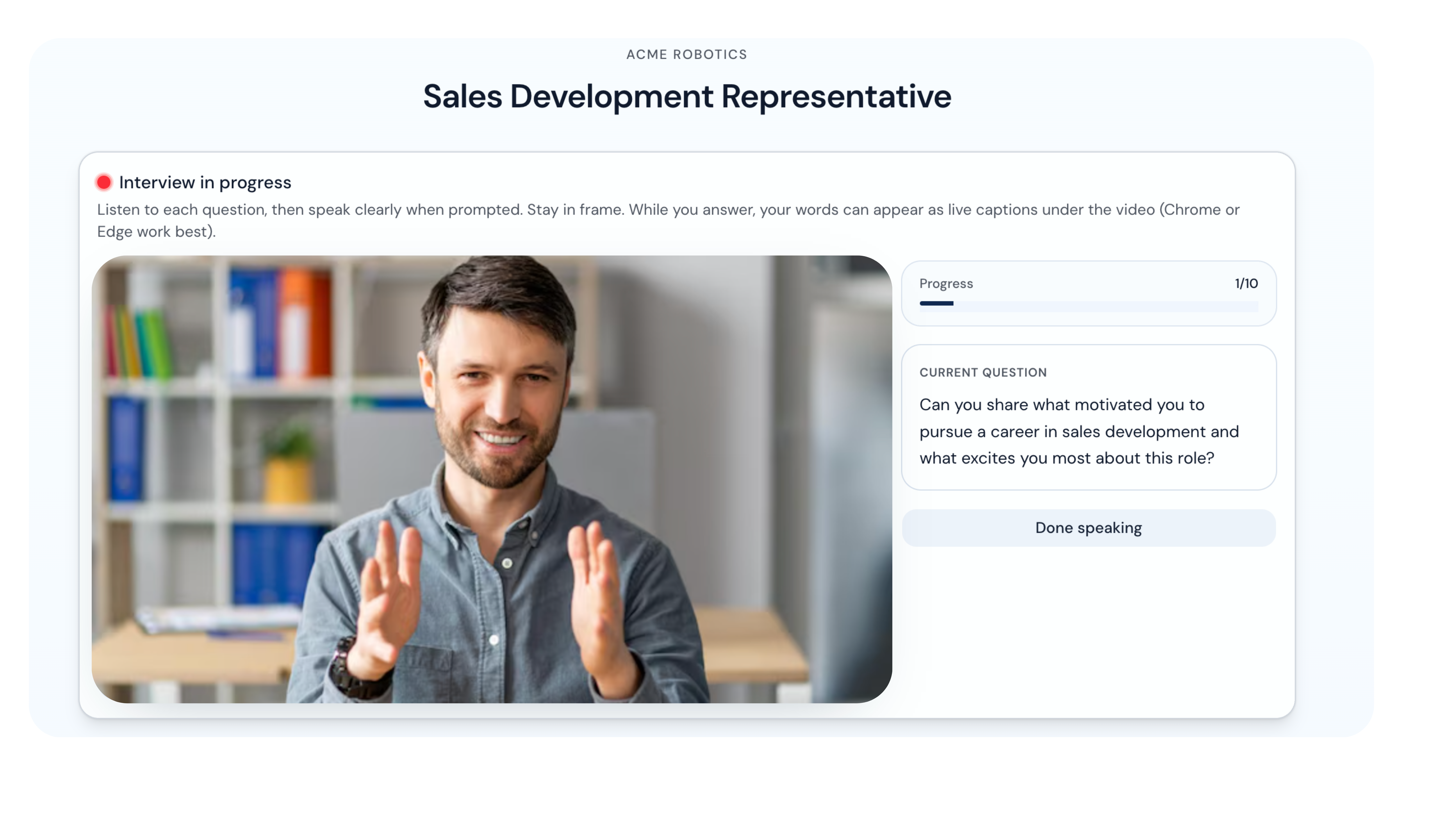 VectaHire voice and video interview session