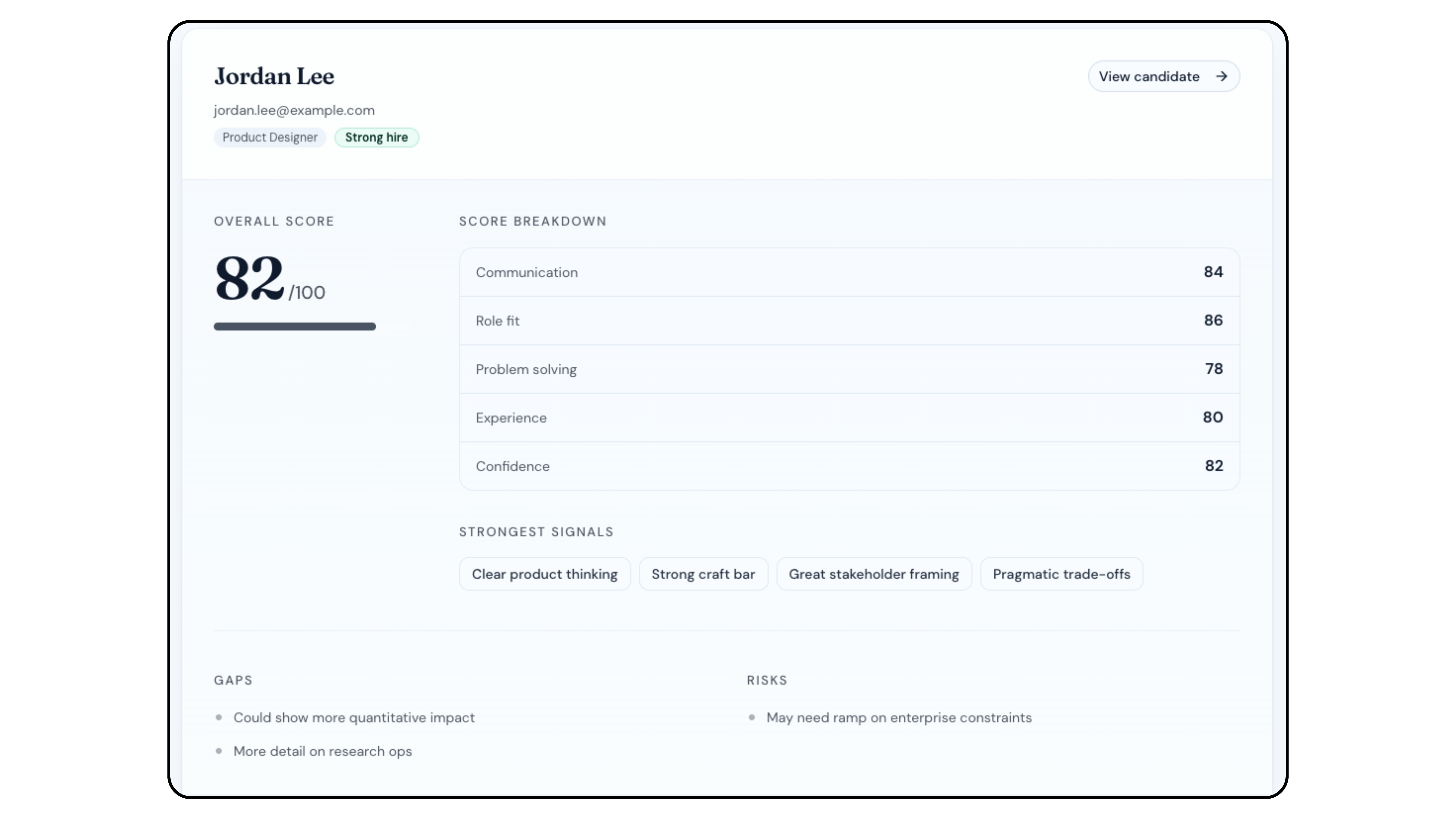 VectaHire candidate evaluation with score breakdown, signals, gaps, and risks
